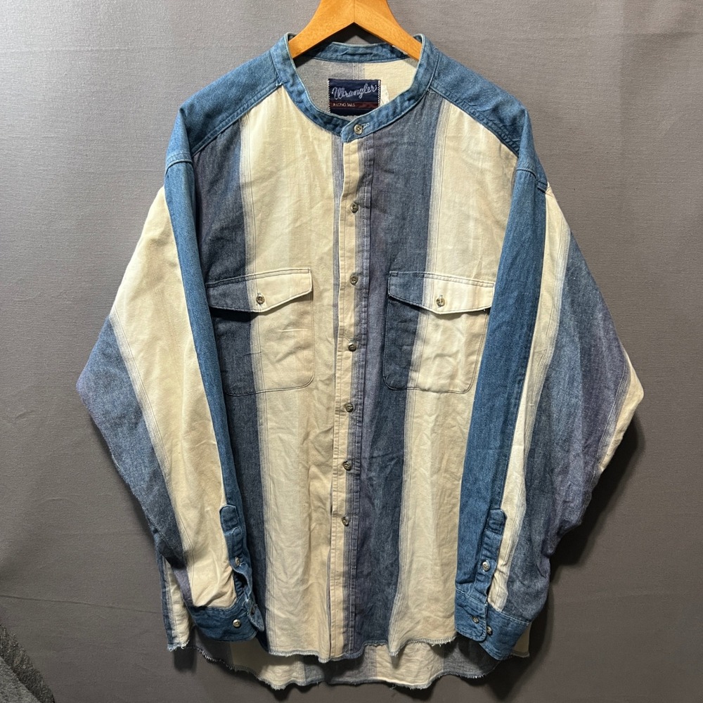 Vintage Wrangler X-Long Tails Striped Denim Band Collar Western Shirt Blue XL
